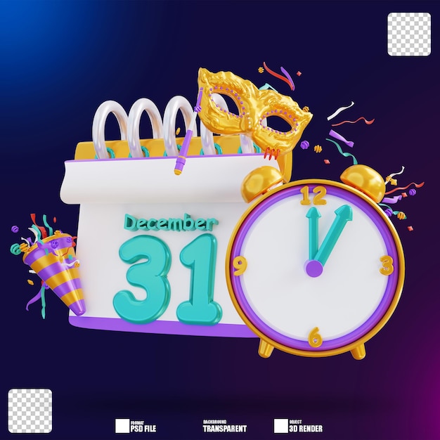 3d ilustración año nuevo calendario y reloj 3