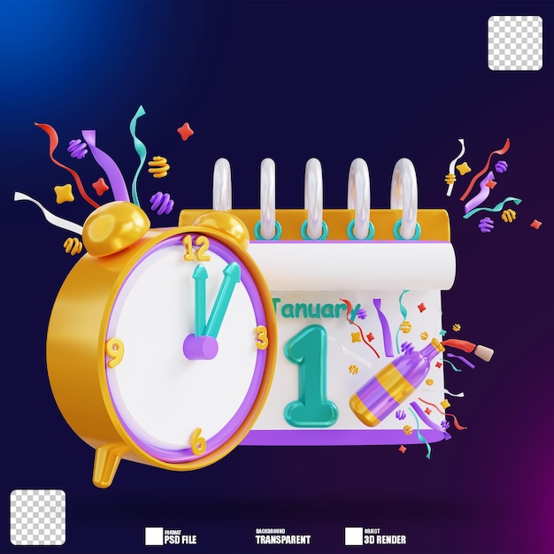 PSD 3d ilustración año nuevo reloj y calendario 2