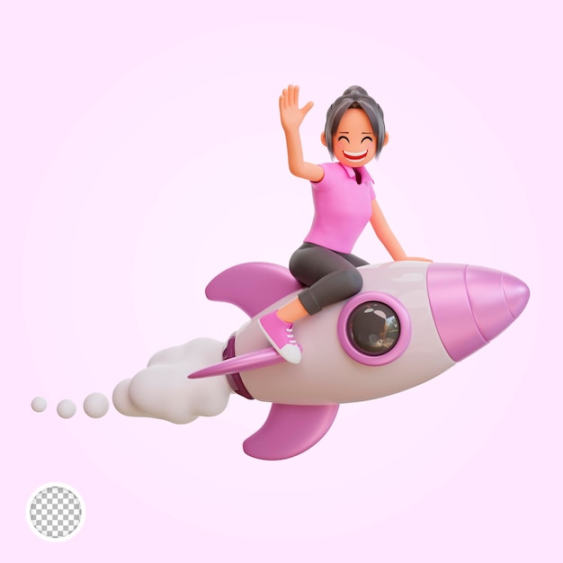 3d ilustración chicas lindas está volando en un cohete