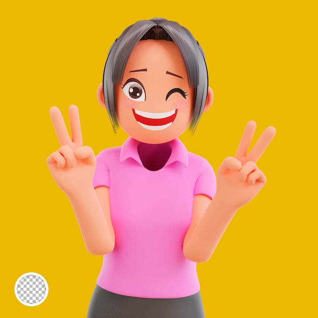 PSD 3d ilustración chicas lindas muestra paz vsign gesto riendo y sonriendo posando feliz