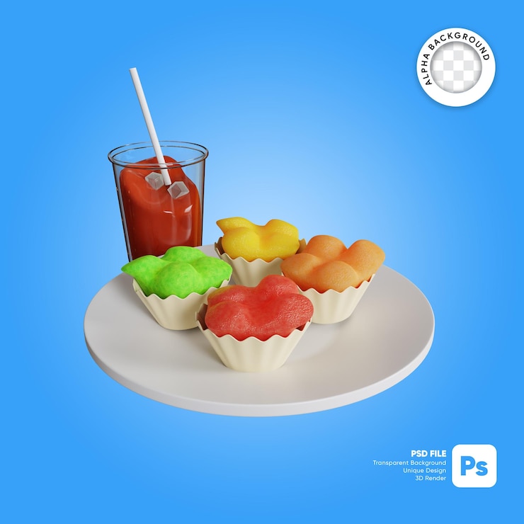 PSD 3d ilustración de la comida tradicional indonesia bolu kukus en un plato con té helado