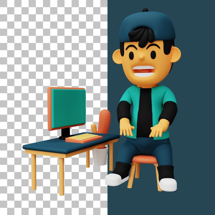 PSD 3d ilustración hombre trabajar con computadora