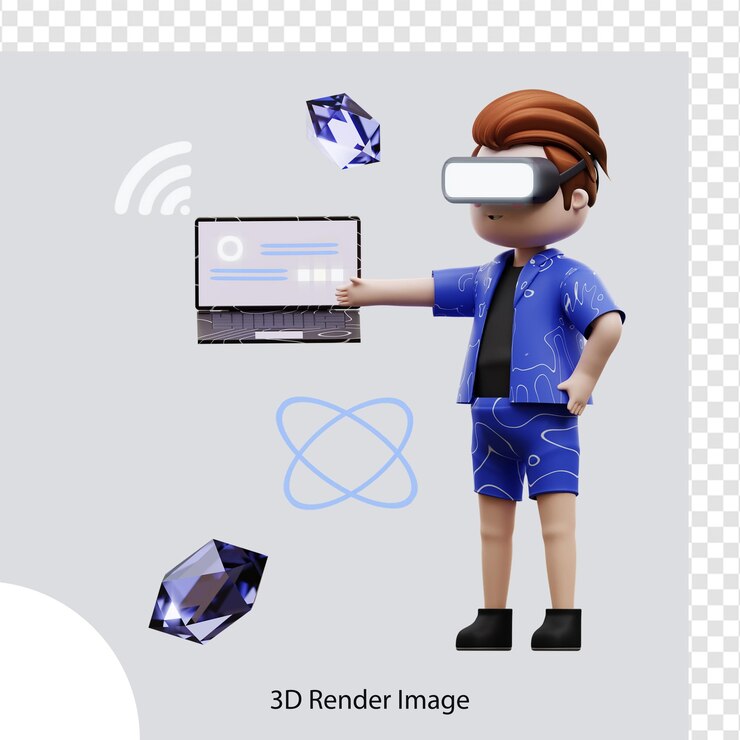 PSD 3d ilustración metaverso personaje jugando portátil, para web, aplicación, infografía, aplicación