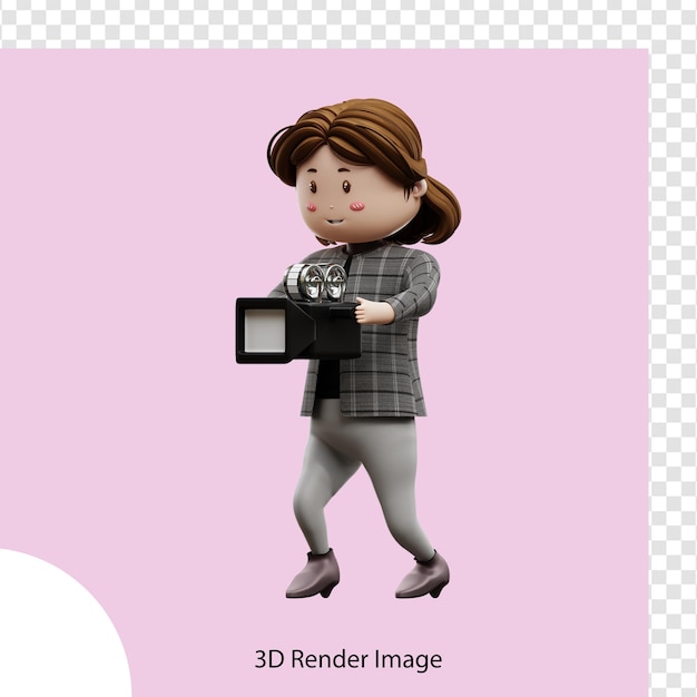 3d, ilustración, mujer joven, tenencia, cámara de película