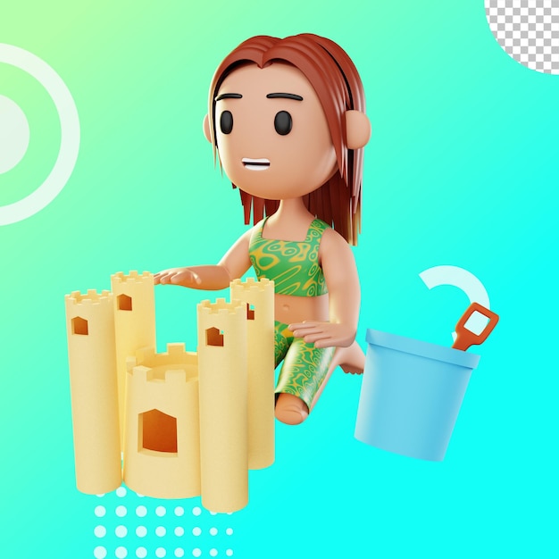 PSD 3d ilustración mujer jugando castillo de arena