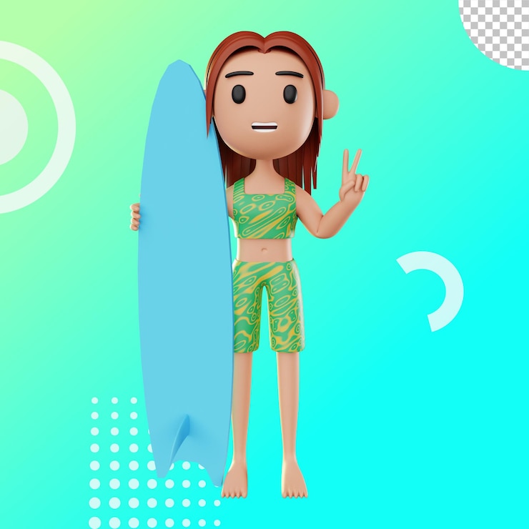 PSD 3d ilustración mujer jugando surf con tabla de surf