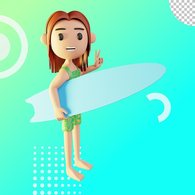 PSD 3d ilustración mujer jugando surf con tabla de surf