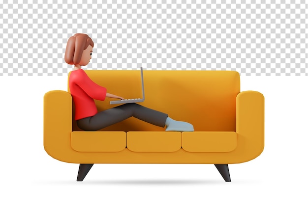 3d ilustración de mujer sentada en el sofá y escribiendo algo en la computadora portátil