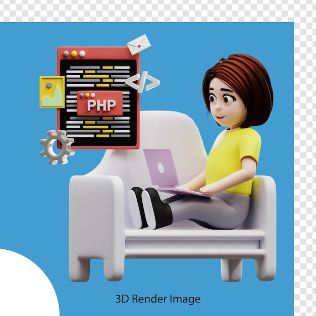 PSD 3d ilustración niña estudiante aprendiendo programación