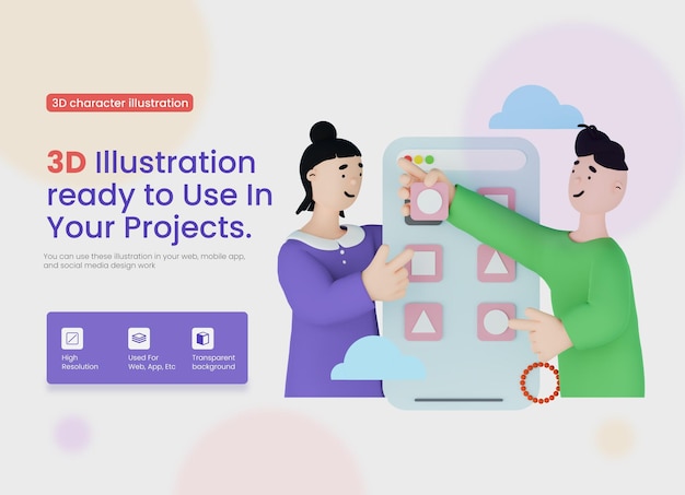 3d ilustración personaje hombre y mujer haciendo presentación de desarrollo de inicio