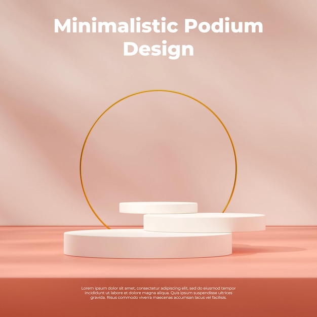 3D image render scene mockup of white stacked podium in square with gold ring and pink floor