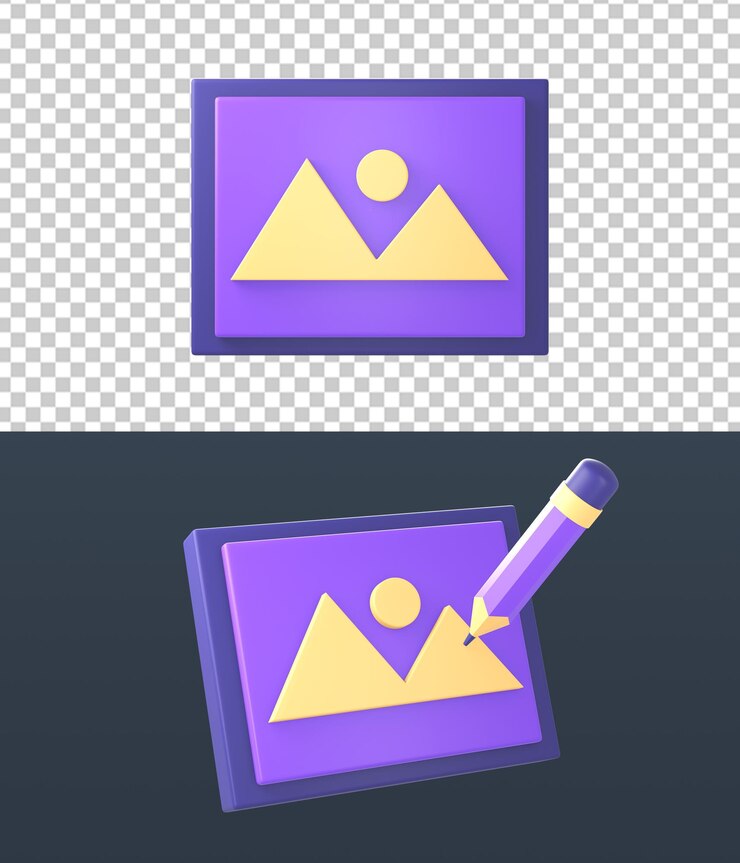 PSD 3d imagen de foto púrpura amarilla e íconos de lápiz para ui ux aplicaciones móviles web diseños de anuncios de redes sociales
