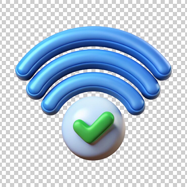 PSD 3d inalámbrico o wi-fi y marca de comprobación concepto de conexión de red global búsqueda de señales exitosa concepto de comunicación en línea área de radiodifusión con wi-fi vector moderno y de moda en estilo 3d