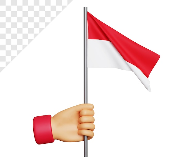 3d indonesischer unabhängigkeitstag mit der hand, die indonesische flagge hält