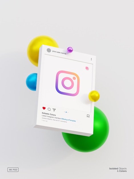 3D-Instagram-Post-Mockup mit isolierter Schnittstellenvorlage