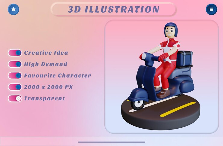 PSD 3d, interpretación, repartidor, equitación, motocicleta