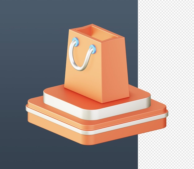 3d isométrico de bolsa de compras naranja con icono de podio para ui ux aplicaciones móviles web anuncios en redes sociales