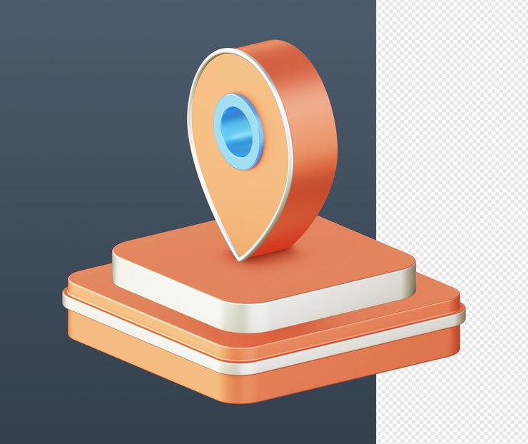 PSD 3d isométrico de la ubicación del puntero del mapa naranja con el icono del podio para las redes sociales de aplicaciones móviles web ui ux