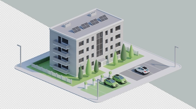3D-isometrische Mehrfamilienhäuser mit Solarpanelen und Parkplatz für Elektroautos