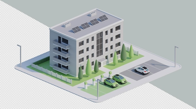 PSD 3d-isometrische mehrfamilienhäuser mit solarpanelen und parkplatz für elektroautos