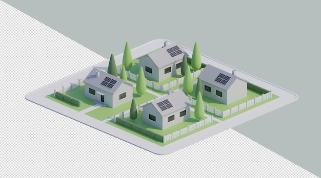 PSD 3d isometrische straße mit familienhäusern mit solarpanelen