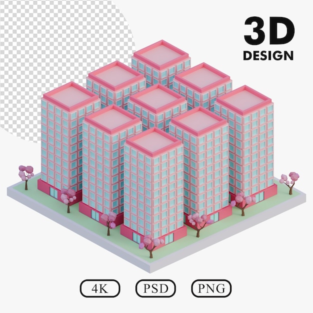 3D-Isometrische Wohnungsbaukomplex rosa Farbe