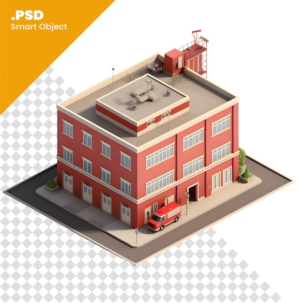 PSD 3d-isometrisches gebäude der feuerwache auf weißem hintergrund. psd-vorlage