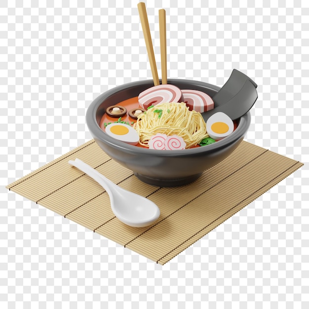 PSD 3d japanische ramen-suppe in einem runden teller auf einer bambusmatte stäbchen in der suppe neben einem löffel