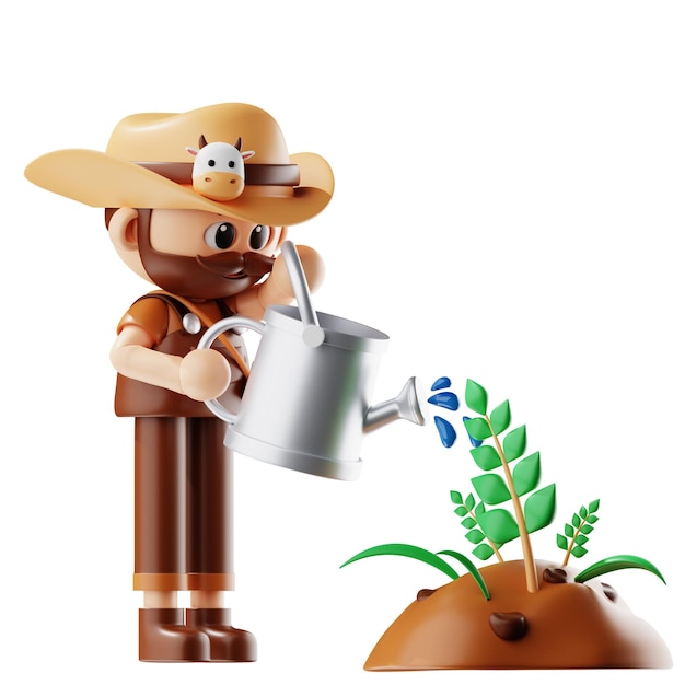 3d Jardiner con sombrero de paja plantas acuáticas posan