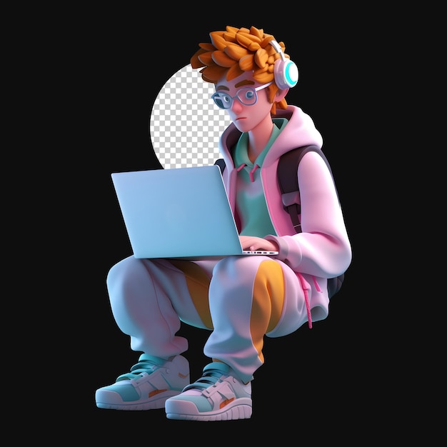 3d Jeune garçon indépendant assis et utilisant un ordinateur portable sur son personnage de genoux rendu isolé