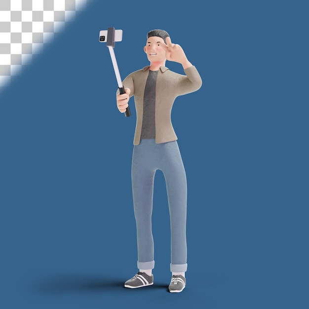 3d, Jeune Homme, Selfie, à, Bâton Selfie