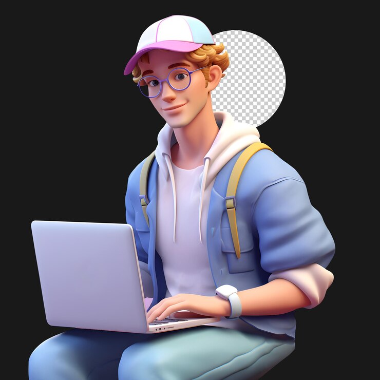 PSD 3d, joven, freelancer, trabajando, en, su, computador portatil