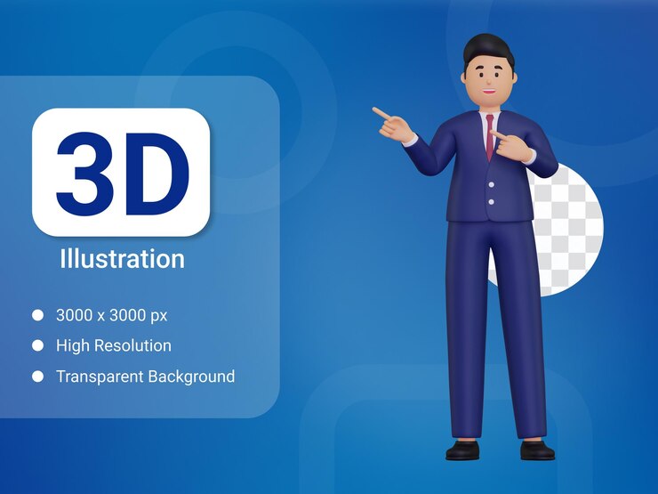 3d, joven, hombre de negocios, señalar, a, dedos, a, lado izquierdo