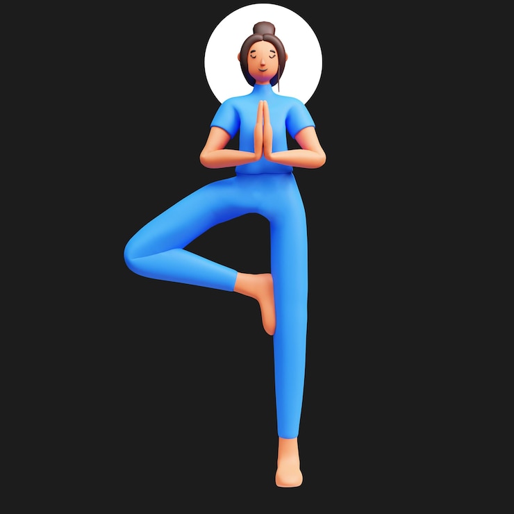 PSD 3d jovencita practicando vrikshasana contra fondo negro