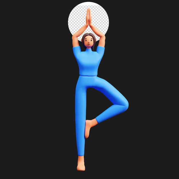 3D junge Dame, die Vrikshasana vor schwarzem Hintergrund praktiziert