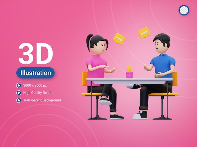 PSD 3d junge frau und mann besprechen etwas illustration