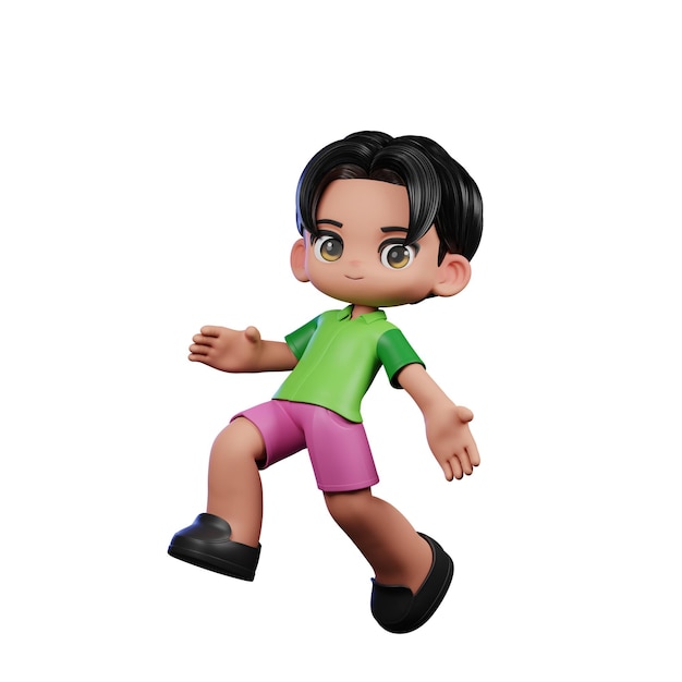 3D-Junge mit grünem Hemd und rosa Shorts, glückliche Sprungpose