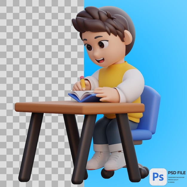 3D-Junge schreibt in einem Buch Render Illustration Icon Isolated PNG