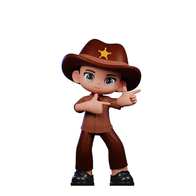 3D-Junge-Sheriff zeigt auf die linke Pose