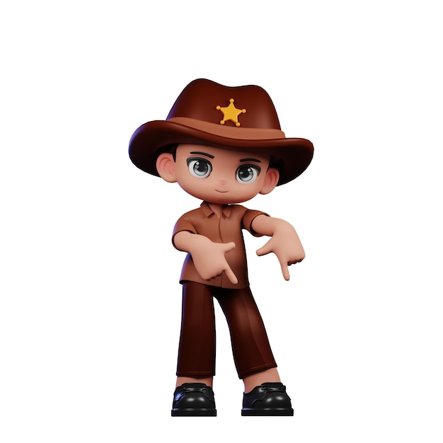3D-Jungen-Sheriff zeigt nach unten Pose