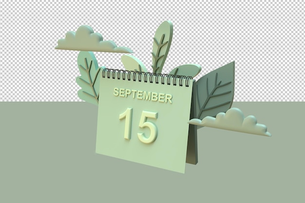 PSD 3d-kalender 15. september mit blatt- und wolkenornamenten mit herbstkonzept