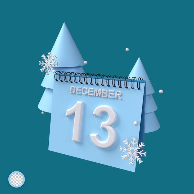 PSD 3d-kalender vom 13. dezember mit baum- und glitzerornamenten mit winterkonzept