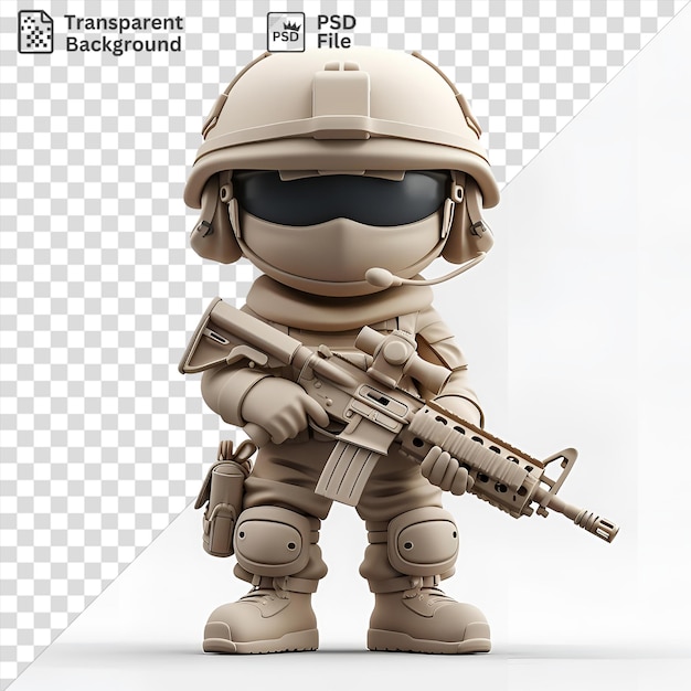 3d-kartoon-soldat steht auf der wache mit einer großen waffe, trägt einen weißen helm und schwarze schutzbrille, hält ein spielzeug und eine weiße hand, die im vordergrund sichtbar ist