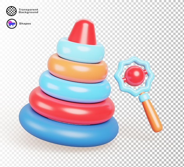 3D-Kinder-Spielzeug für die Bildung Pyramide mit farbigen Ringen und fröhlichem Rassel Cartoon-Rendering-Set von Lern-Kinderspielen Plastik-Puzzle und Clacker für Baby isolierte Design-Elemente