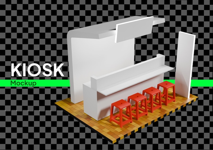 PSD 3d kiosk mockup with red stools