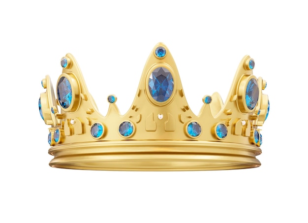 3D königliche goldene Krone mit blauen Diamanten auf isoliertem Hintergrund Strukturierte goldene Königskrone 3D-Rendering