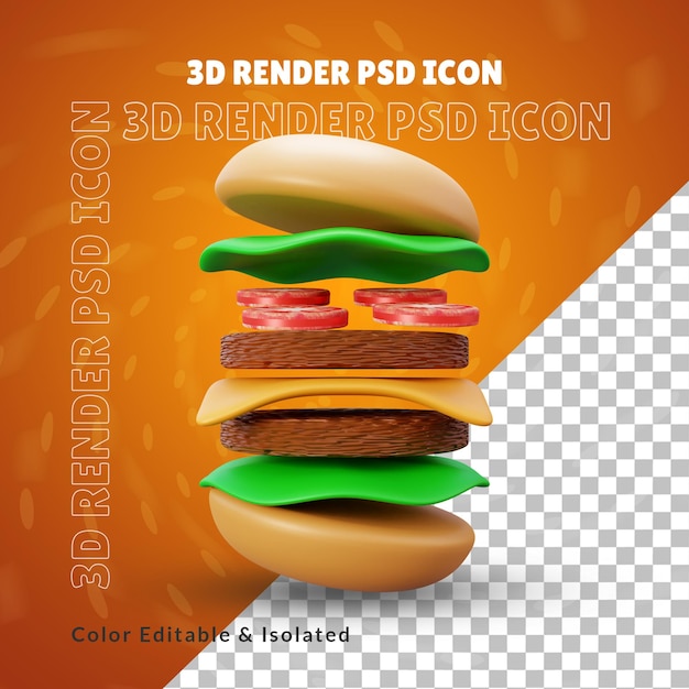 3d köstliche käseburger-illustration oder 3d-fast-food-burger-symbolillustration oder 3d-burger-symbol