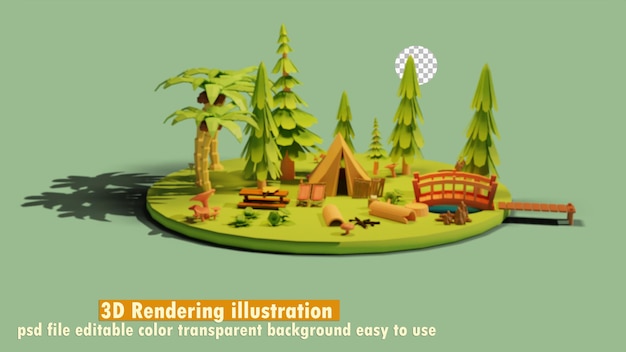 3D-Konzept Illustration Camping mit Zelt im Park