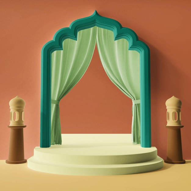 3d-konzept minimalistische arabische tür und treppen produktanzeige islamisches eid al fitr thema