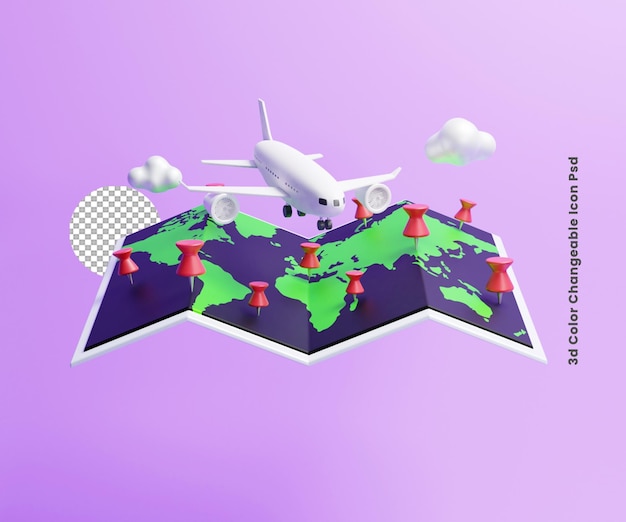 PSD 3d-landeortsymbol des internationalen flugplans mit globuskarte